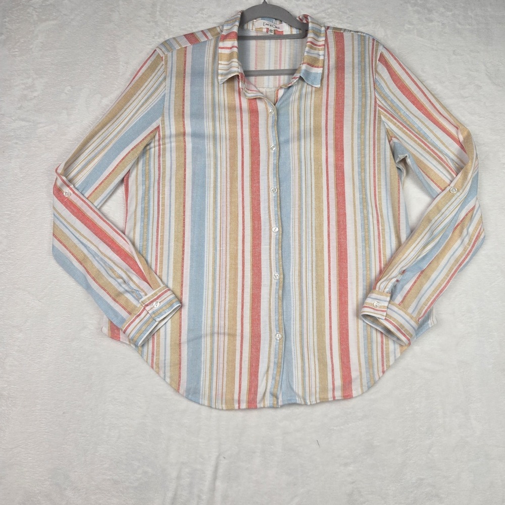 Eden & Olivia Ivory Tan Pink Blue Striped Long Sleeve Blouse‎ Size Large Buttons